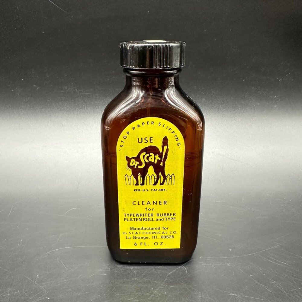 Vintage Dr Scat Typewriter Rubber Cleaner Glass Bottle Halloween Decor Yellow